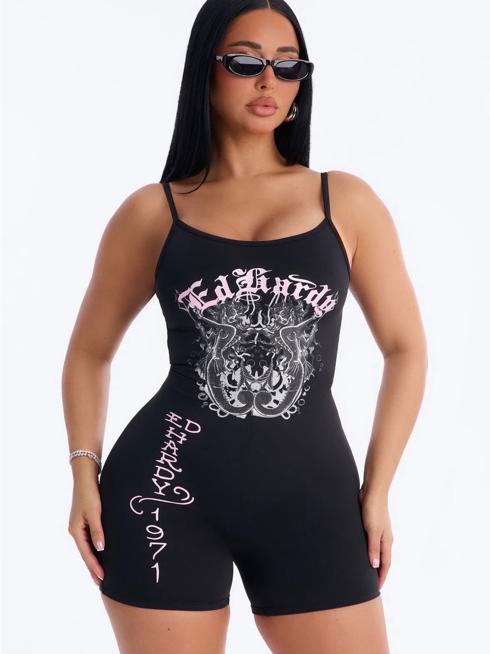 Ed Hardy Black Graphic Logo Spaghetti-Strap Romper with Pink Accents